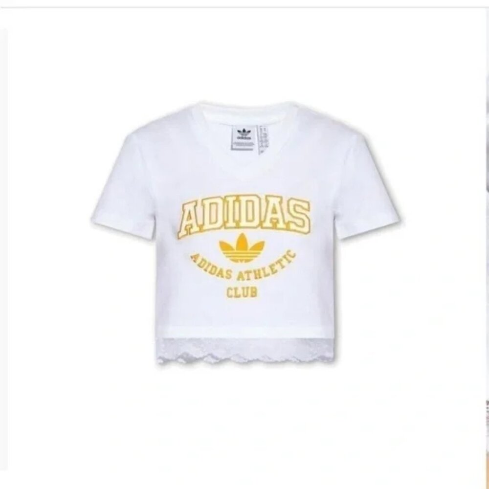 ADIDAS ORIGINALS Women's White Lace-trimmed T-shirt SIZE: XS